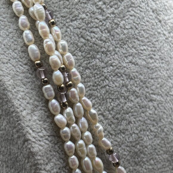 Two Separate Strands Seed Pearl Necklace Amethyst & Gold-Tone Beads 21” Doubled - Picture 3 of 8